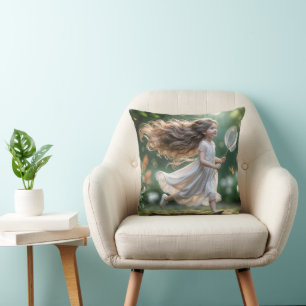 Little Girl Chasing Butterflies With a Net Cushion