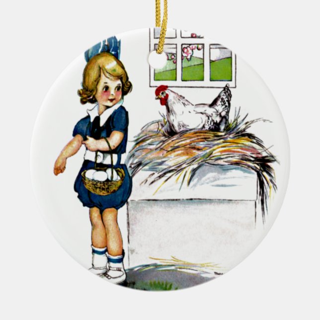 Little girl collecting eggs ceramic tree decoration (Front)