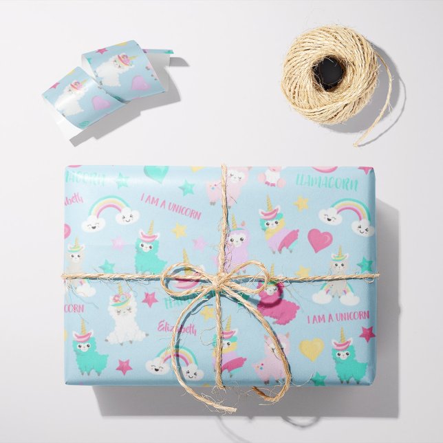 Little Girl Cute Llamacorn Pastel Pattern Wrapping Paper (Creator Uploaded)