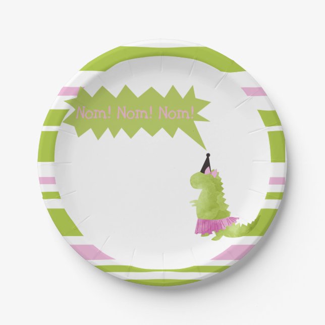 Little girl Dinosaur Tutu Pink Green Dino theme Paper Plate (Front)