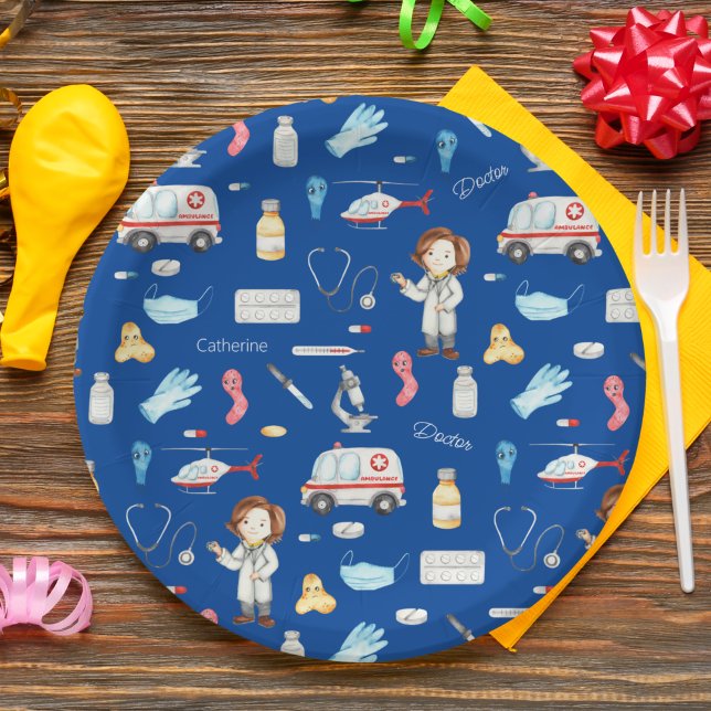 Little Girl Doctor Medical Pattern with Name, Blue Paper Plate (Creator Uploaded)
