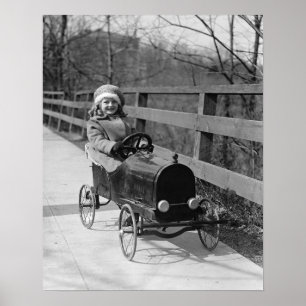 Little Girl Driving Pedal Car, 1922. Vintage Photo Poster
