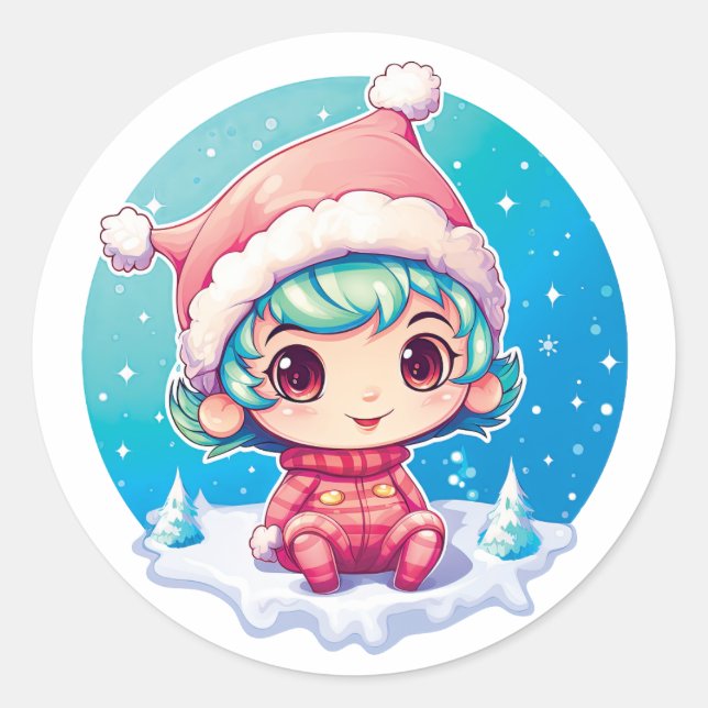Little Girl Elf Xmas Magic Classic Round Sticker (Front)