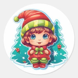 Little Girl Elf Xmas Magic Classic Round Sticker