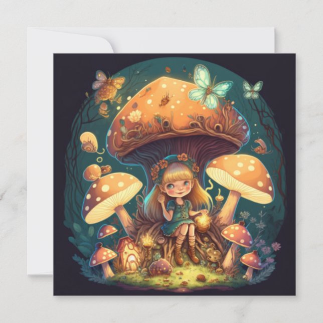 Little girl elve among mushrooms holiday card (Front)