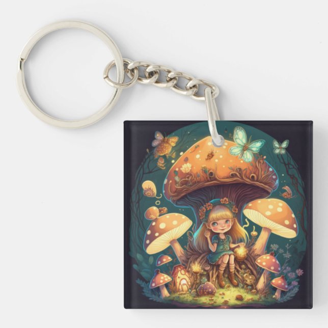Little girl elve among mushrooms key ring (Front)
