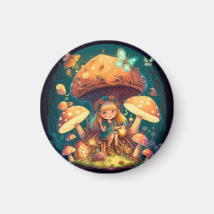 Little girl elve among mushrooms magnet
