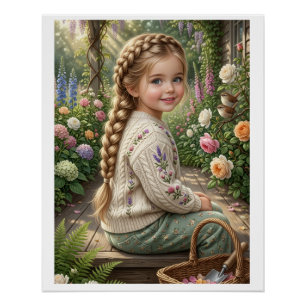 Little Girl Flower Basket Forest Spring Nature Fle Poster