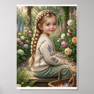 Little Girl Flower Basket Forest Spring Nature Fle Poster
