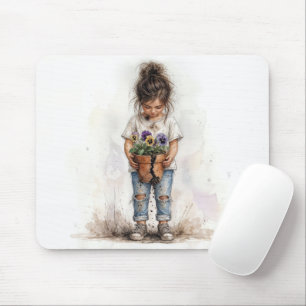 Little Girl Holding a Broken Flower Pot Mouse Pad