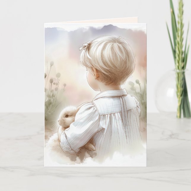 Little Girl Holding a Pet Bunny Card (Front)
