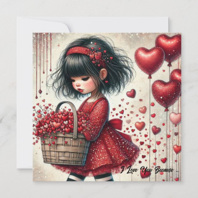 Little girl holding basket red glitter hearts holiday card (Front)