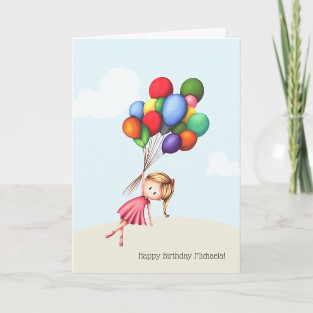 Little Girl holding Big Balloons Birthday Card (Front)