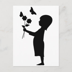 Little girl holding flowers silhouette postcard