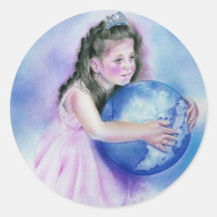 Little Girl Holding Globe Earth Sticker