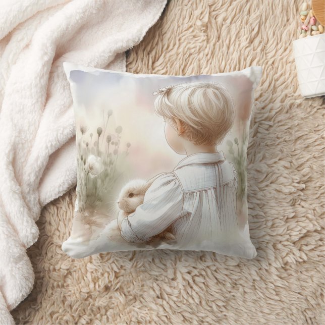 Little Girl Holding Her Pet Bunny Cushion (Blanket)