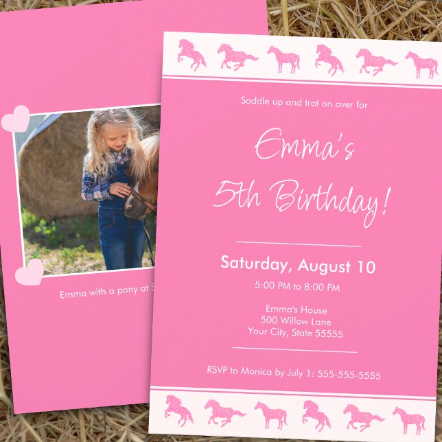 Little Girl Horse Lover Pink Photo Birthday Party Invitation (Creator Uploaded)