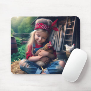 Little Girl Hugging a Chicken Mouse Pad