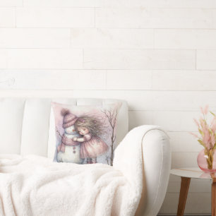Little Girl Hugging a Snowman Cushion