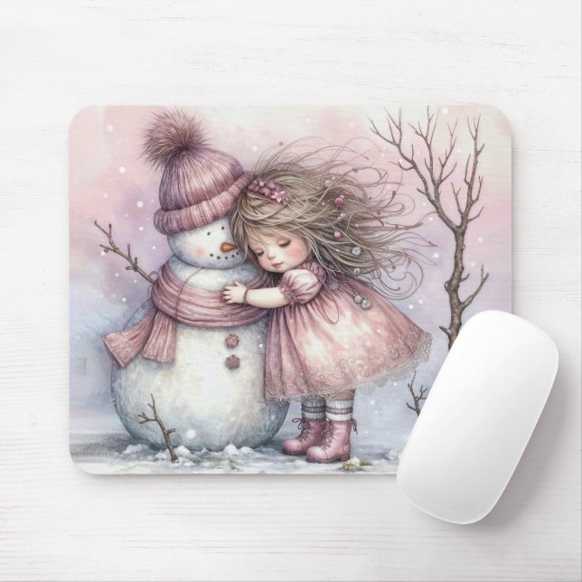 Little Girl Hugging a Snowman Mouse Pad (With Mouse)