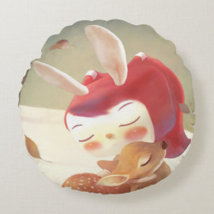 Little Girl Hugging Deer Round Cushion