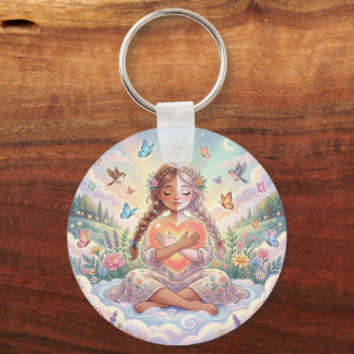 Little Girl Hugging Peaceful Heart Key Ring
