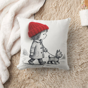 Little Girl In 3-D Red Hat Walking Her Dog Cushion