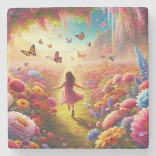 Little Girl in a Field of Flowers and Butterflies Stone Coaster