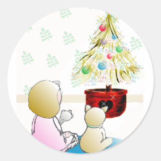 Little Girl in Nightgown Christmas Eve Classic Round Sticker
