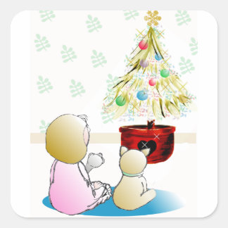 Little Girl in Nightgown Christmas Eve Square Sticker