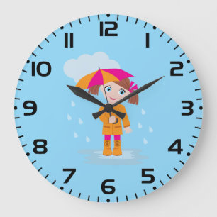 Little Girl in Orange Raincoat with Pink Umbrella Large Clock