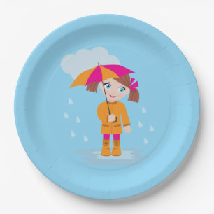 Little Girl in Orange Raincoat with Pink Umbrella Paper Plate