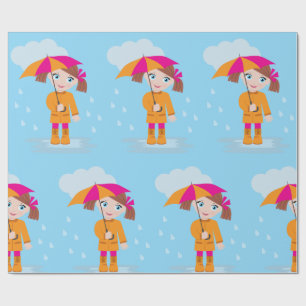 Little Girl in Orange Raincoat with Pink Umbrella Wrapping Paper