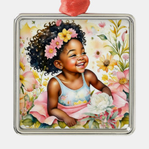Little Girl in Pink Flowers Christmas Metal Tree Decoration