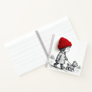 Little Girl In Red Hat Walking Her Dog Notebook