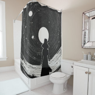 Little Girl in Space | Black & White Cartoon Shower Curtain