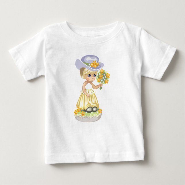 Little Girl in Yellow Easter Dress Holding Flowers Baby T-Shirt (Front)