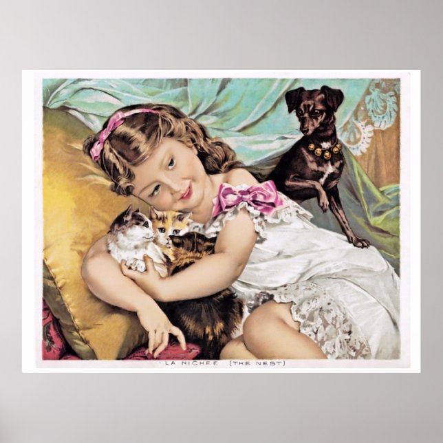 Little Girl, Kittens, and Dachshund Dog, Vintage Poster (Front)