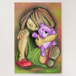 Little Girl Loves Purple Toy Bear Puzzle  Painting