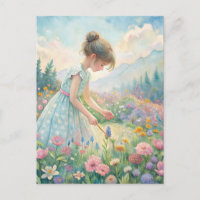 Little Girl Meadow Wildflowers Mountains Pastel