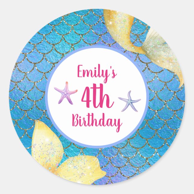 Little Girl Mermaid 4th Birthday Classic Round Sticker (Front)