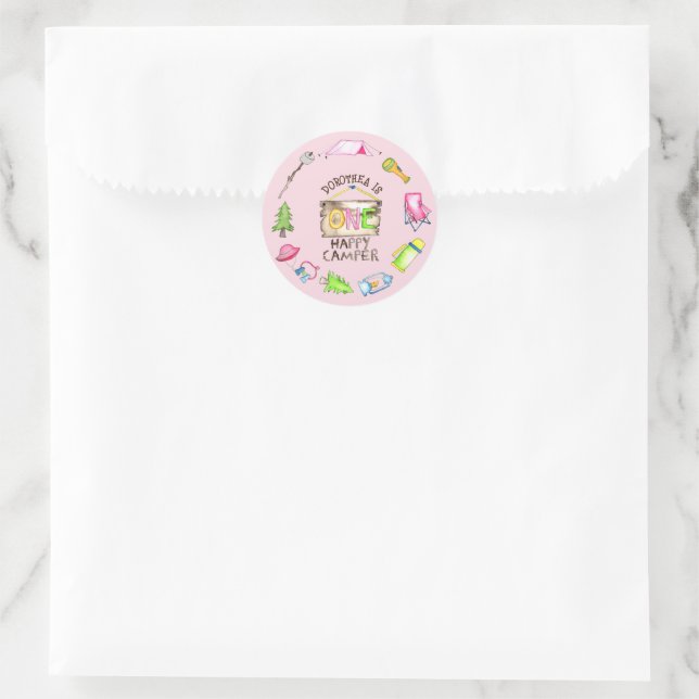 Little Girl One Happy Camper First Birthday Party Classic Round Sticker (Bag)