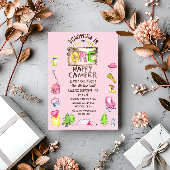 Little Girl One Happy Camper First Birthday Party Invitation (Creator Uploaded)