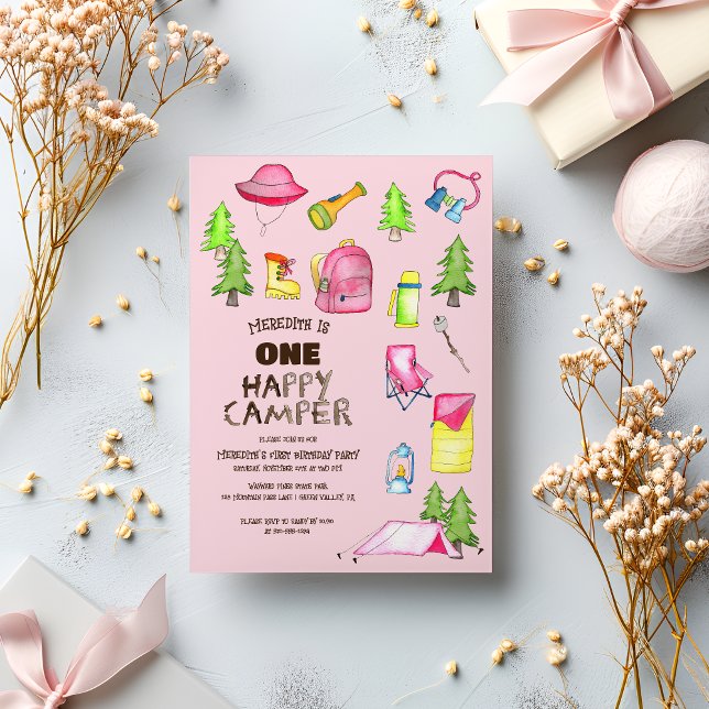 Little Girl One Happy Camper First Birthday Party Invitation (Creator Uploaded)