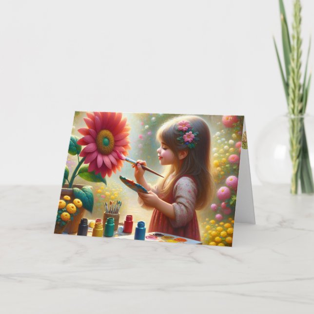 Little Girl Painting A Flower Card (Front)
