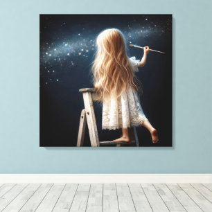 Little Girl Painting Stars In Night Sky Canvas Print