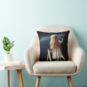 Little Girl Painting Stars In Night Sky Cushion