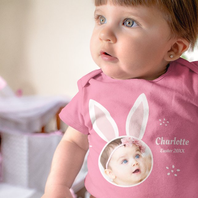Little Girl Photo with Bunny Ears and Name Easter Baby Bodysuit (Creator Uploaded)