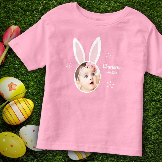 Little Girl Photo with Bunny Ears and Name Easter Toddler T-Shirt (Creator Uploaded)