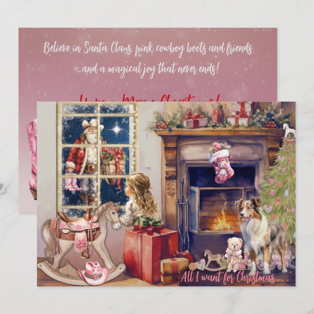 Little Girl, Pink Cowboy Boots for Christmas Card (Front/Back)